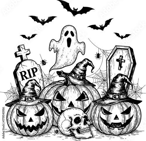 Detailed black and white illustration of a spooky Halloween scene with grinning jack-o-lanterns, a ghost, skull, bats, and tombstones