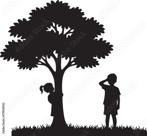Children Playing Hide and Seek Silhouette Vector