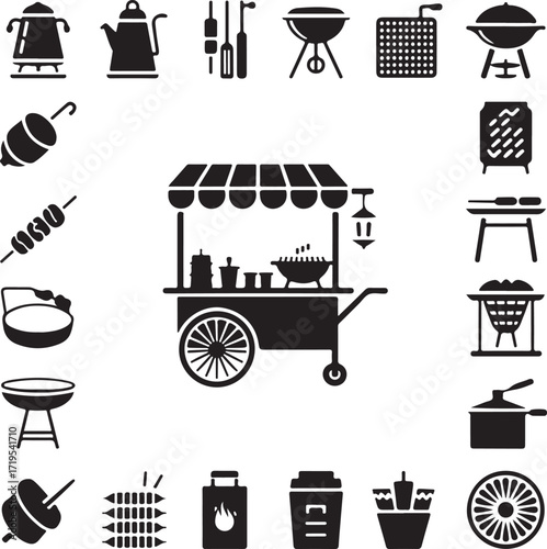 Collection of black and white icons representing barbecue and street food items