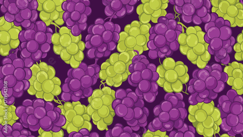 A vibrant, repeating pattern of plump, ripe purple and green grapes scattered across a dark, rich background, creating a visually appealing fruit illustration.