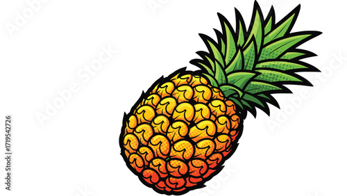 A vibrant, stylized illustration of a ripe pineapple with a spiky green crown, showcasing its textured rind and tropical appeal.