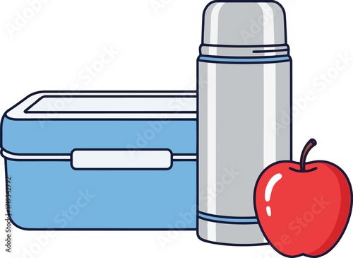 Healthy school lunchbox food thermos and red apple fresh meal preparation for kids or adults vector