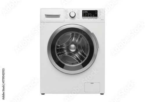 A modern white front-loading washing machine with a chrome door, digital display, and rotary dial, isolated on a seamless bright white studio background with copy space, concept for home appliance