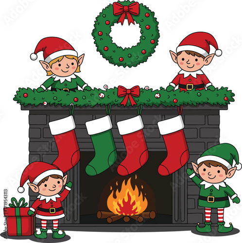 Cute elves decorating a cozy fireplace with stockings, garland, and a wreath