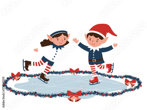 Cute elves ice skating on a festive rink surrounded by garland, bows, and bells.