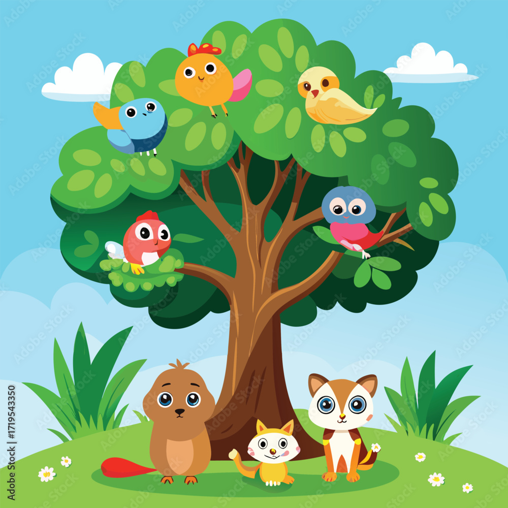Naklejka premium Cute cartoon animals and birds in a tree isolated on white background