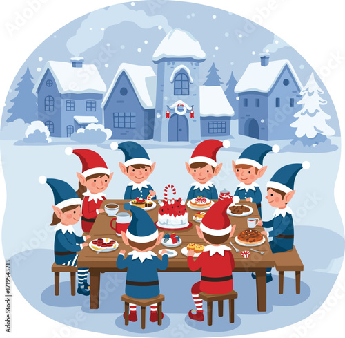 Cute elves enjoying a festive Christmas meal together at a wooden table.