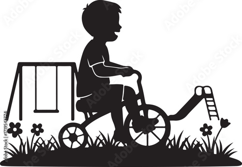 Boy Riding Tricycle in Playground Silhouette