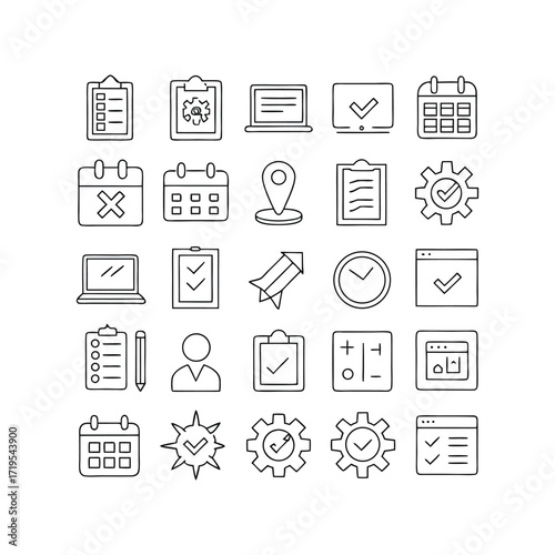 Collection of hand drawn business icons representing planning and tasks isolated on white background