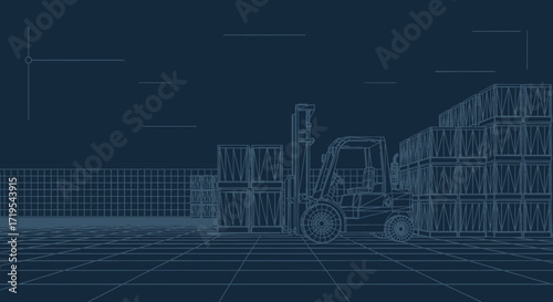 Blueprint style illustration of a forklift in a warehouse with stacked boxes and grid floor