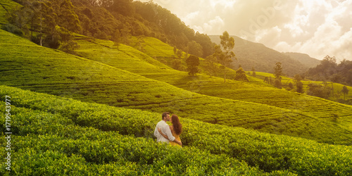 Romantic Drone View of Couple Kissing in Sri Lankan Tea Plantation