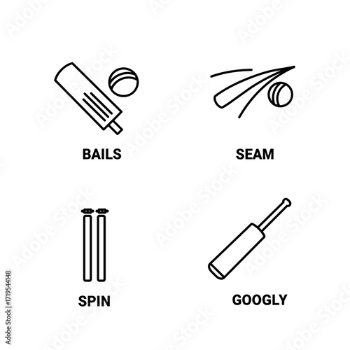 Collection of Cricket themed icons, including Bails, Seam, Spin, Googly