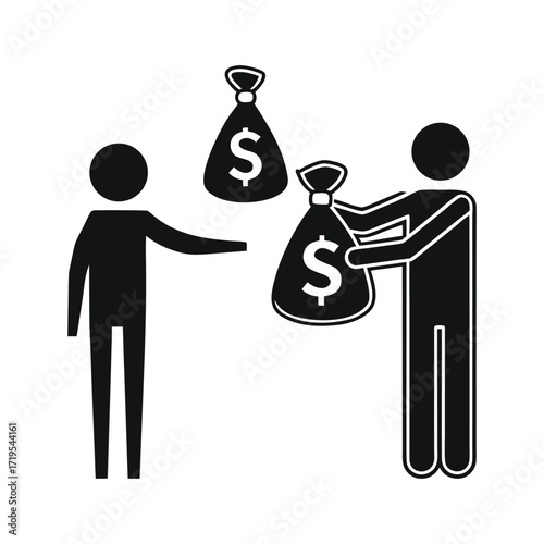 Two people exchanging money bags isolated on white background