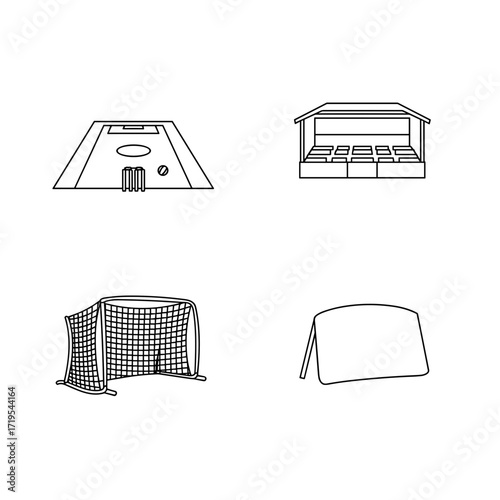 Collection of Cricket themed icons, including Cricket Ground, Pavilion, Nets, Sight Screen