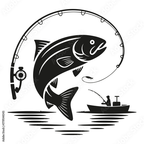 Fishing Silhouette with Jumping Fish and Boat