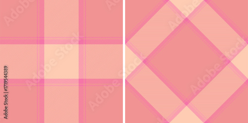 Two coral and pink classic tartan pattern designs, one regular and one rotated, for versatile design applications. Use for textiles, backgrounds, or branding.