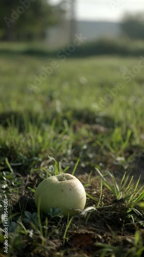 One apple covered in dew lie in the freshly wet grass against the light with reflections. Bokeh background vertical video