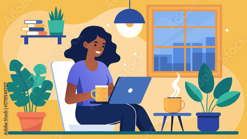 Vector art of happy woman working remotely with laptop, coffee, and plants in a cozy home office, creating a productive and comfortable workspace
