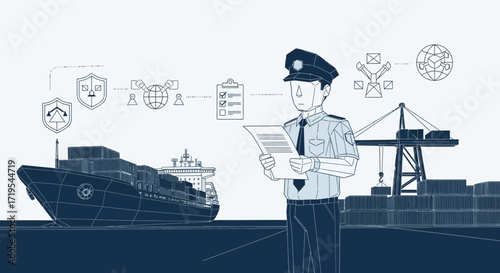 Digital port security and customs clearance concept illustration with ship and officer