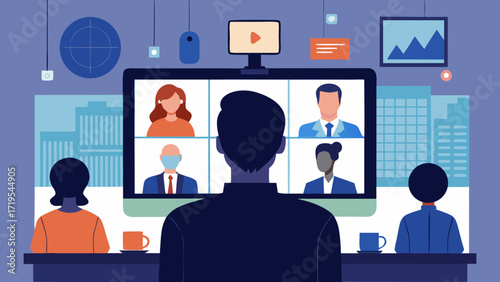 Vector art of people are having a video conference call on a large screen with a cityscape background, with two people sitting at a table in the foreground