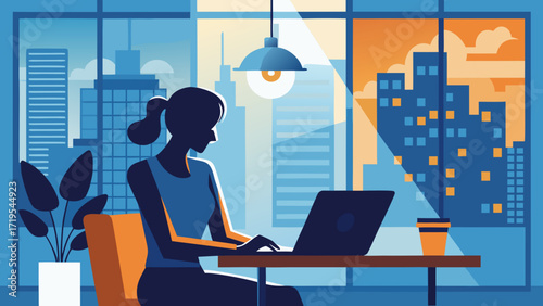 Vector art of a woman is working on her laptop at her desk in her office with a view of the city, creating a professional and modern workspace