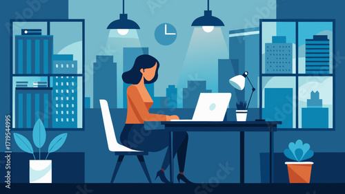 Vector art of young woman working on laptop in modern office with city view, vector illustration of remote work, freelance, home office, business concept