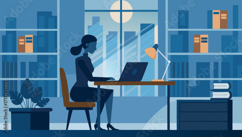 Vector art of young woman working on laptop in modern office with city view, vector illustration of remote work, freelance, home office, business concept