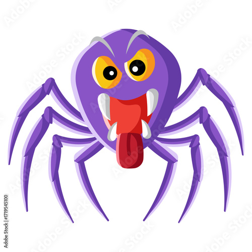 Purple spider with sharp teeth and a tongue.