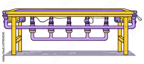 Industrial machine with a long, horizontal frame, multiple purple pipes, and yellow supports