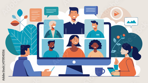 Vector art of a diverse group of people is having a video conference call on a computer, showcasing remote communication and collaboration in a modern workplace