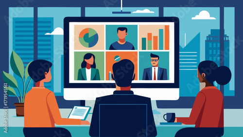 Vector art of people are attending a virtual business meeting on a computer, with charts and graphs displayed, indicating data analysis and strategic planning