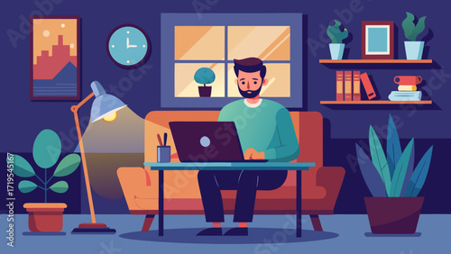 Vector art of man working on laptop at home in the evening, vector illustration of remote work, freelance, home office, or online education concept