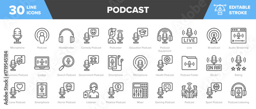 Podcast Line Icon Set - Microphone, Headphones, Audio, MIxer Vector Illustration