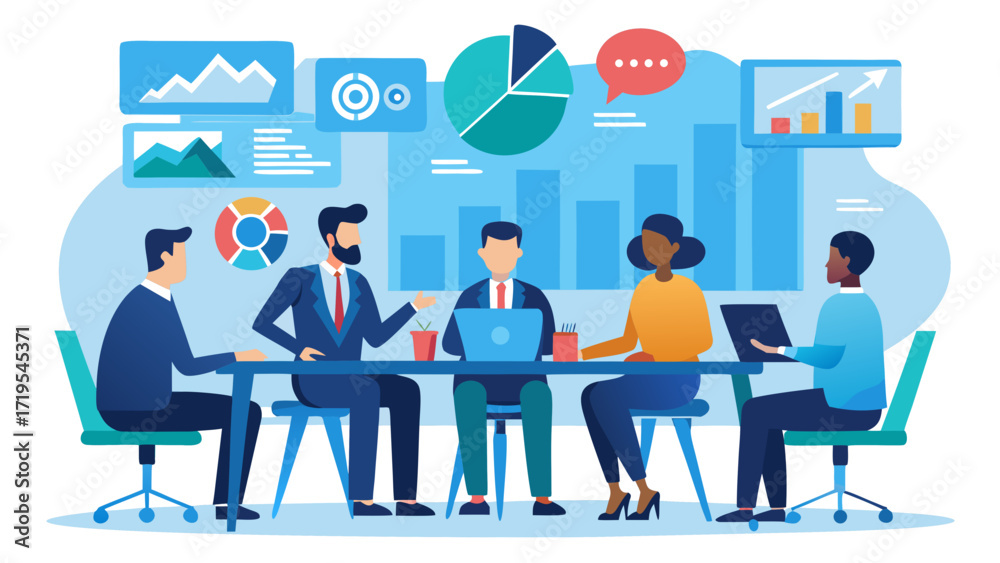 Fototapeta premium Vector art of business team having a meeting to discuss the companys performance