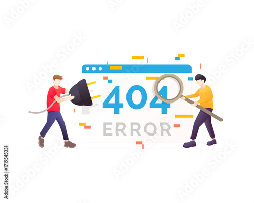 404 Error Illustration Two Men Attempting to Fix a Website