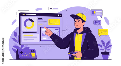 Illustration of a gamer analyzing performance data on a dashboard and using a controller