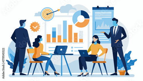 Vector art of business team working on data analysis and strategy, collaborating on project, and brainstorming ideas to achieve goals and success