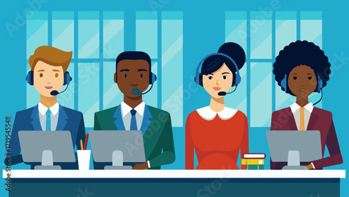 Vector art of diverse customer service team with headsets, providing support and assistance to clients, ensuring satisfaction and building relationships