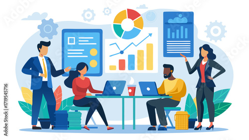 Vector art of diverse business team collaborating on data analysis, presenting insights, and developing strategies for growth in a modern, dynamic workspace