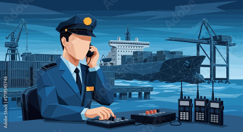 Illustration of a port security officer overseeing maritime operations and communications