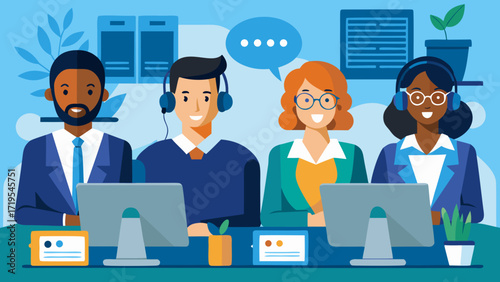 Vector art of diverse customer service team providing support and assistance, ensuring customer satisfaction in a professional call center environment