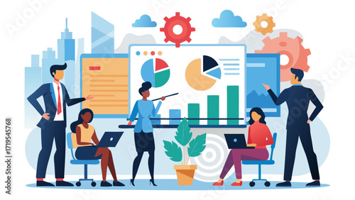 Vector art of diverse team collaborating on data analysis and business strategy, working together to achieve success in a modern office environment setting
