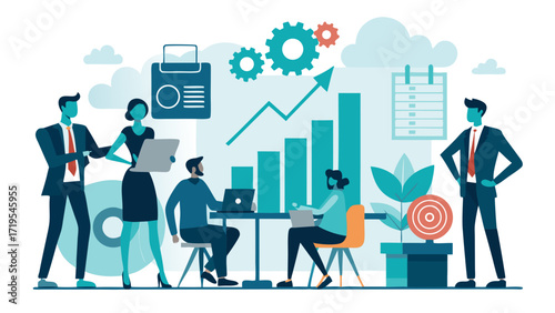 Vector art of business team working together to achieve goals, with bar graph, gears, and calendar, business strategy concept