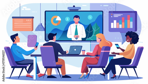 Vector art of diverse team members in a video conference meeting, discussing business strategies and analyzing data, fostering collaboration and innovation