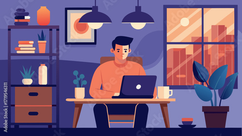 Vector art of man working on laptop at home remote work, freelance, self employment, business, education, online learning, studying concept