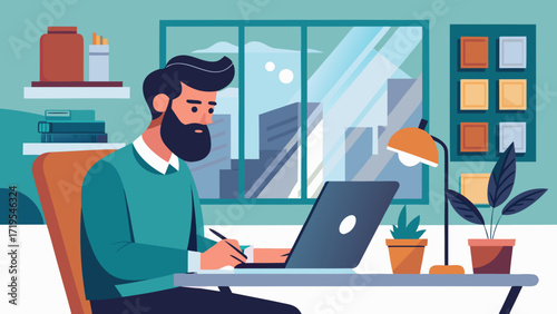 Vector art of a bearded man working on a laptop at his desk, surrounded by plants and decorations, creating a bright and inspiring workspace for creativity