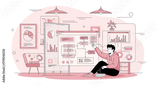 Man analyzing data flow and charts in a workspace with pink design elements showing data trends