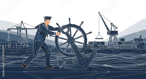 Low polygonal illustration of a sailor at the helm with anchor and harbour background a maritime