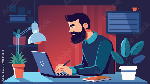 Vector art of a bearded man working on a laptop in a dimly lit room, surrounded by plants and a monitor, creating a focused and productive atmosphere