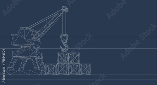 Minimalist blueprint of a cargo crane lifting wooden crates in a dockyard setting